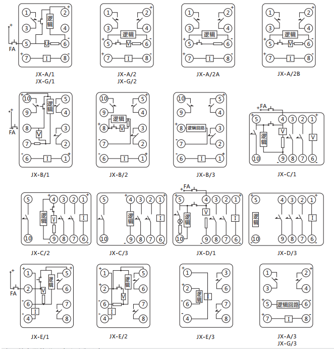 JX-B/2靜態信號繼電器內部接線及外引接線圖（正視圖）