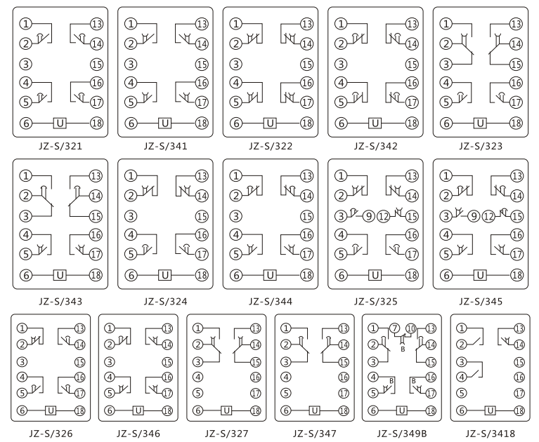 JZ-S/327靜態(tài)可調(diào)延時(shí)中間繼電器內(nèi)部接線圖及外引接線圖